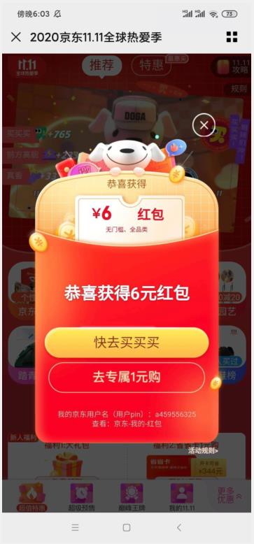 我第一次就领取了6元京东双十一红包